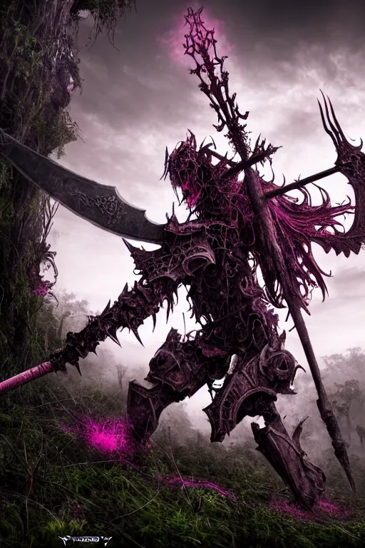 Image similar to post - gothic giant banshee, exoskeleton armor, attacking with axe, dystopian ruins covered in vegetation, highly detailed smooth digital art masterpiece, vitaly bulgarov giger dramatic dark pink light, ground angle hd 8 k, sharp focus