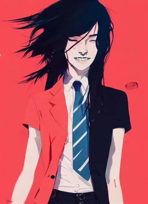 Image similar to a ultradetailed beautiful panting of a stylish woman wearing a shirt with a tie, she has black hair, dancing, by conrad roset, greg rutkowski and makoto shinkai, trending on artstation