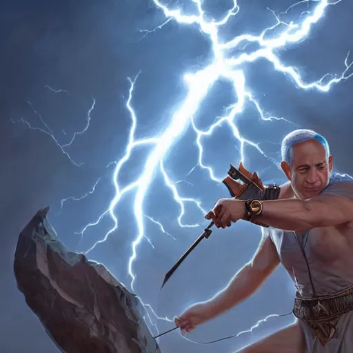 Image similar to benjamin netanyahu as a greek god shooting lightning bolts with his hands, highly detailed, by artgerm and greg rutkowski