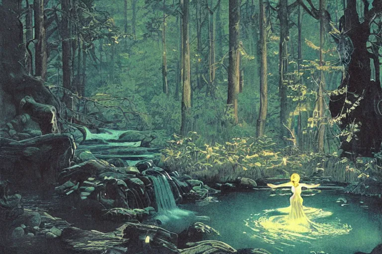 Prompt: a scenic view of a shining ghost flowing in the middle of a magical forest at night, detailed, cinematic, dramatic scene, retro illustration by Norman Rockwell.