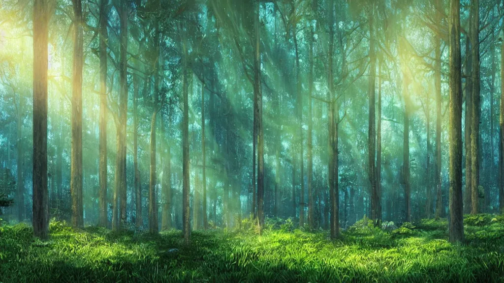 Image similar to portrait of an ethereal evergreen forest made of green and blue light with a log cabin made of golden light, divine, cyberspace, mysterious, dark high-contrast concept art