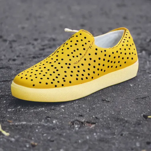 Image similar to yellow sneaker shoe full of holes that is made from Swiss cheese