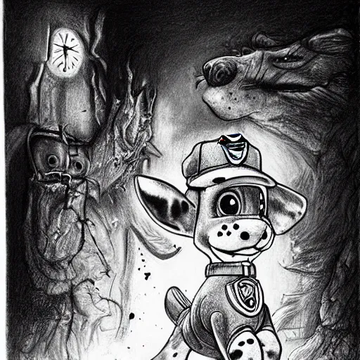 Image similar to Extremely detailed drawing of Paw Patrol, Stephen Gammell style, Scary Stories, hyperrealistic, horror