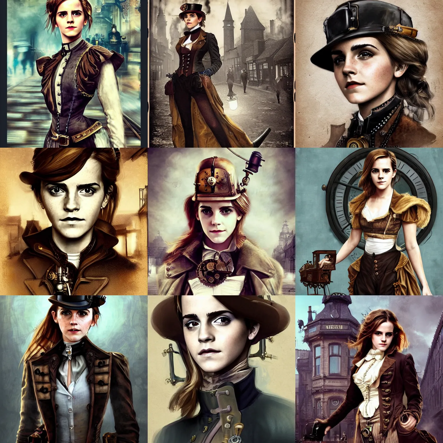 Prompt: Emma Watson as a steampunk train driver, in a Victorian London street, head and upper half of body in frame, steampunk digital art, trending on ArtStation