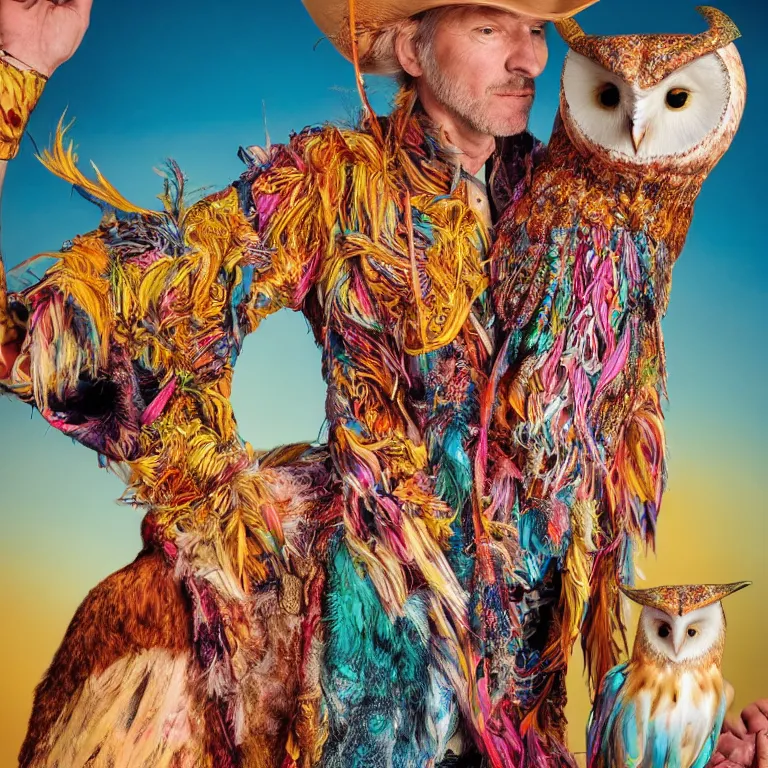 Image similar to high fashion photoshoot octane render portrait by wayne barlow and carlo crivelli and glenn fabry, a distinguished psychedelic cowboy wearing a colorful wes anderson designed cowboy costume and holding a barn owl inside a high - end exotic colorful pastel vintage boutique hotel lounge, very short depth of field, bokeh