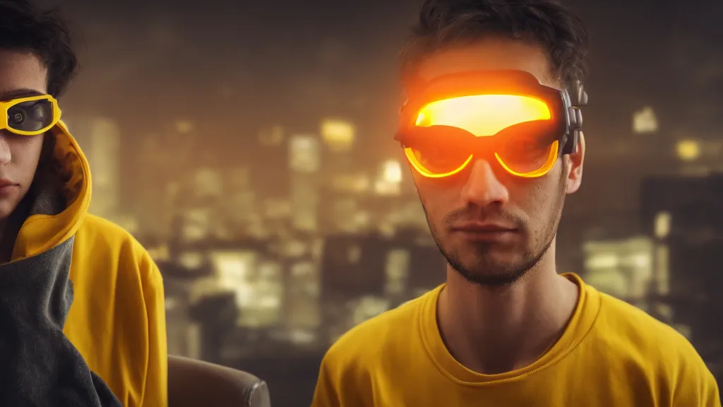 Image similar to close up portrait of young engineer in a yellow sweatshirt on the face of which glare from the computer. cyberpunk, volumetric lighting, 4 k, hd