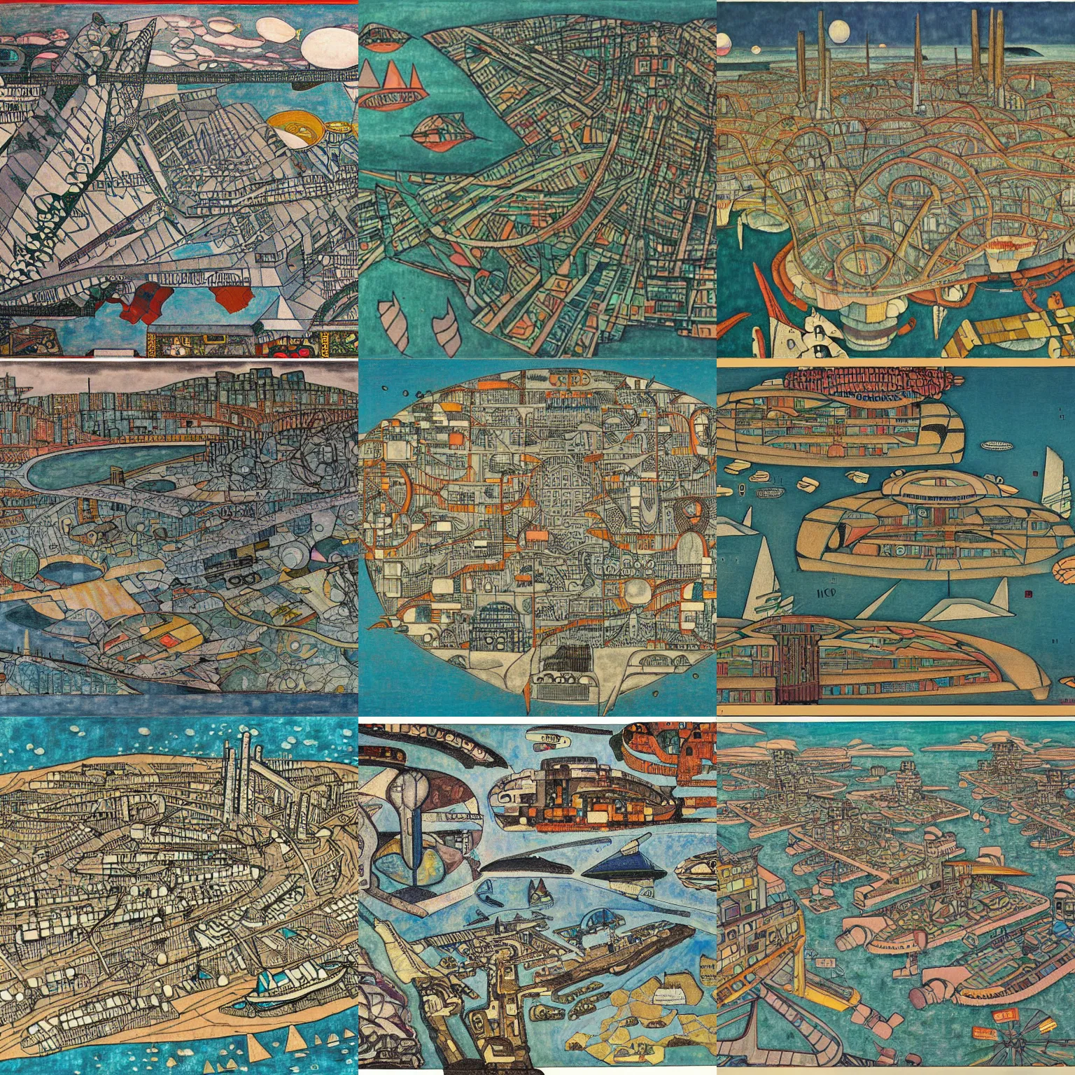 Prompt: a detailed map of a futuristic dystopian city located in an island surrounded by water with a few flying ships stationed around it, in the style of diego rivera schiele, full color