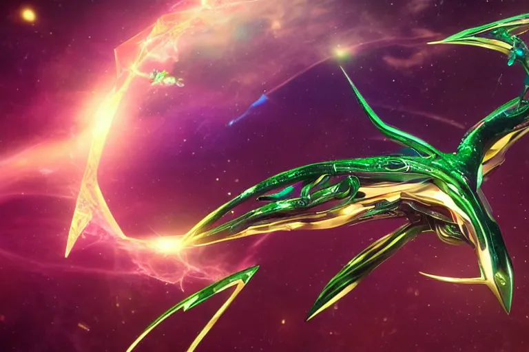 Image similar to rayquaza flying in a future hyper dimensional space galactic crystal nebula edges elegant detailed intricate concept artstation sharp focus ray tracing cinematic masterpiece octane render nvidia