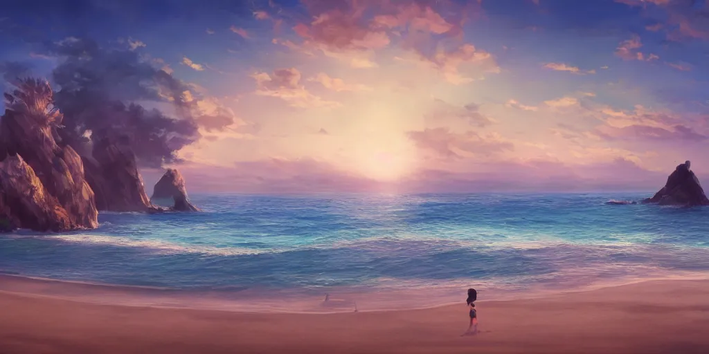 Image similar to a beach, cinematic angle, studio Ghibli, volumetric lighting, bold, beautiful composition, intricate, elegant, digital art, detailed oil painting, hyperrealistic, sharp focus, 8k