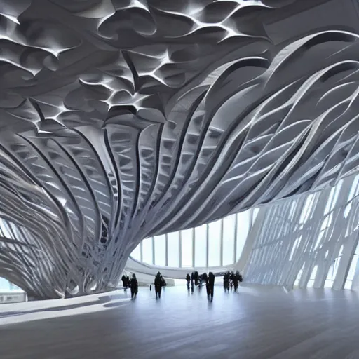 Prompt: stunning beautiful futuristic museum interior by Zaha Hadid, smooth curvilinear dragonfly wings pattern