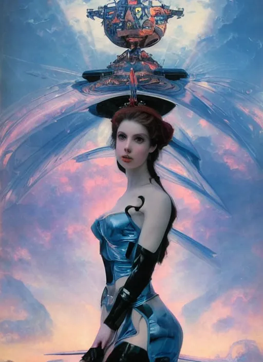 Image similar to Amouranth as an evil futuristic Goddess by Frederick Edwin Church and John Berkey, rule of thirds, seductive look, beautiful, in intergalactic Japan, Refined, masterpiece