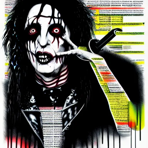 Image similar to graphic illustration, creative design, alice cooper as marilyn manson, biopunk, francis bacon, highly detailed, hunter s thompson, concept art, mixed media