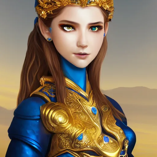 Image similar to a photographic portrait of an heroïc fantasy 30 years old princess with a deep blue saphire and gold diadem by Zhang Jigna, canon 50mm, artstation