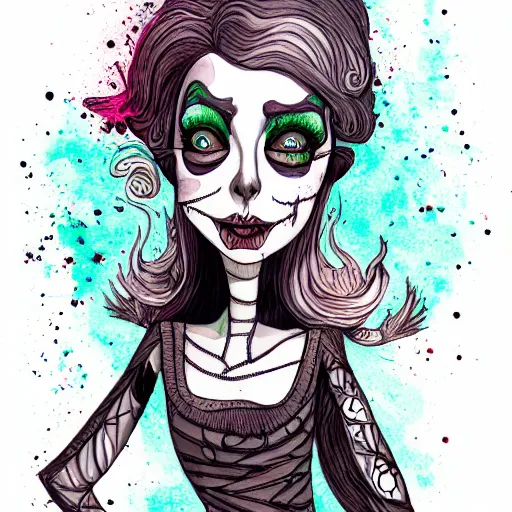 Prompt: a rotten smug exclusivists female, black ink line art and watercolor, intricate, digital painting, concept art, smooth, focus, rim light style tim burton