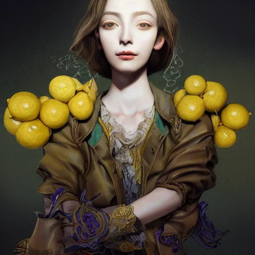 Image similar to the portrait of an absurdly beautiful, graceful, elegant, sophisticated, young perky girl made up of lemons, an ultrafine hyperdetailed illustration by kim jung gi, irakli nadar, intricate linework, bright colors, octopath traveler, final fantasy, unreal engine 5 highly rendered, global illumination, radiant light, detailed and intricate environment