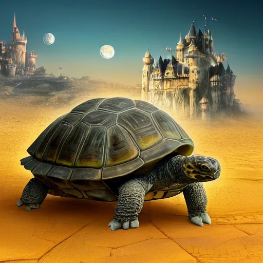 Prompt: gargantuan tortoise with a large castle rising from the shell, walking through a sandy wasteland, inspired by howls moving castle and mortal engines, mid - distant shot centered birds eye view, fantasy, hyper detailed, 4 k