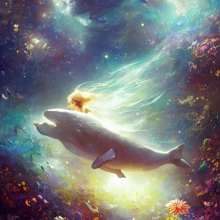 Image similar to glimmering whale, flowing dress, flowers, cosmos, milky way galaxy, golden hour, god rays, coral reef, dreamscape by artgerm and ruan jia and ismail inceoglu and greg olsen, masterpiece, beautiful, intricate, elegant, highly detailed