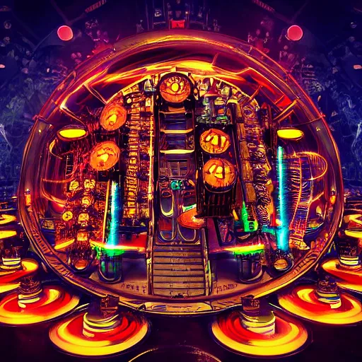 Prompt: album cover, album is called tripmachine, tripmachine, photo of a huge steampunk machine made of guitars and drums and pianos, connected with glowing tubes 8 k, fluorescent colors, halluzinogenic, multicolored, exaggerated detailed, front shot, 3 d render, octane