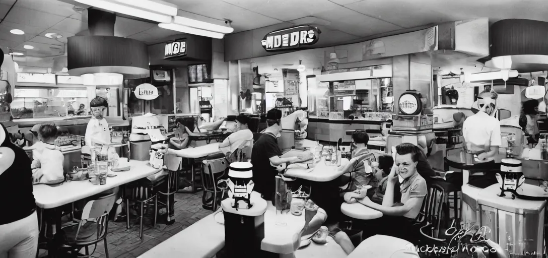 Image similar to daleks inside a vintage McDonalds working at the counter, hamburgers and soda, happy family, kodak Ektachrome 10, 35mm