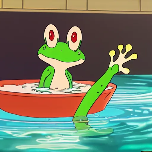 Prompt: frog in bath screenshot from anime