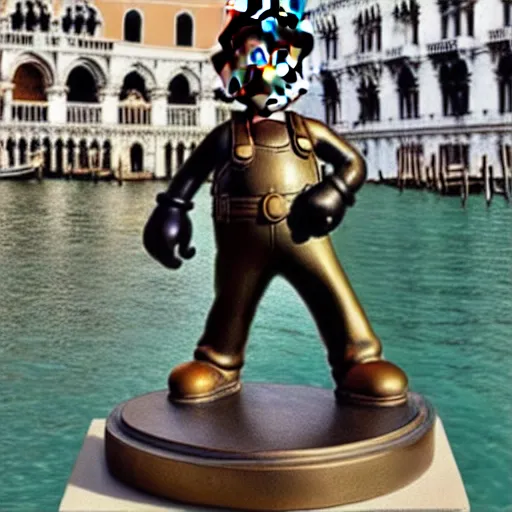 Prompt: beautiful photograph of super mario bronze statue, situated in venice