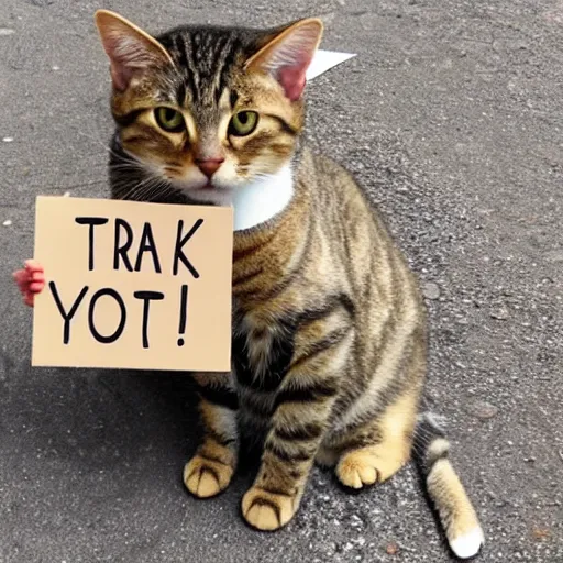 Image similar to a cute tabby cat holding a sign that says