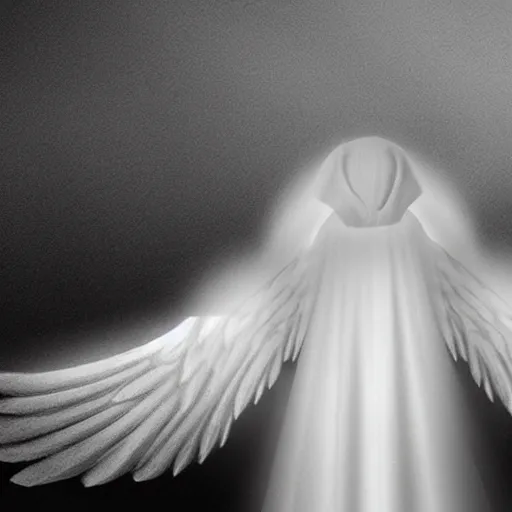 Prompt: an angel shrouded in darkness with it's wings glowing a heavenly white
