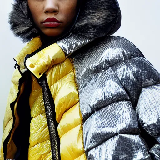 Image similar to realistic photoshooting for a new balenciaga lookbook, color film photography, portrait of a beautiful woman, model is wearing a multi layered puffer jacket, photo in style of tyler mitchell, 3 5 mm,