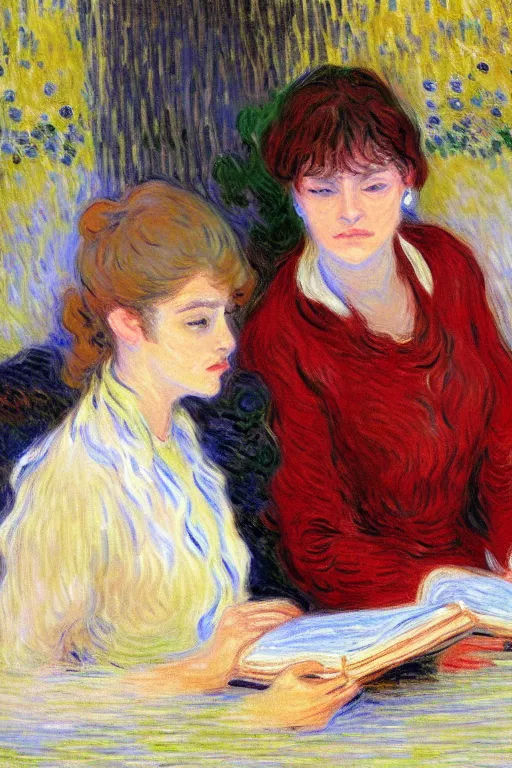 Image similar to portrait of two wise and very beautiful women reviewing some texts, art by monet, intricate, elegant, highly detailed, smooth, sharp focus, artstation