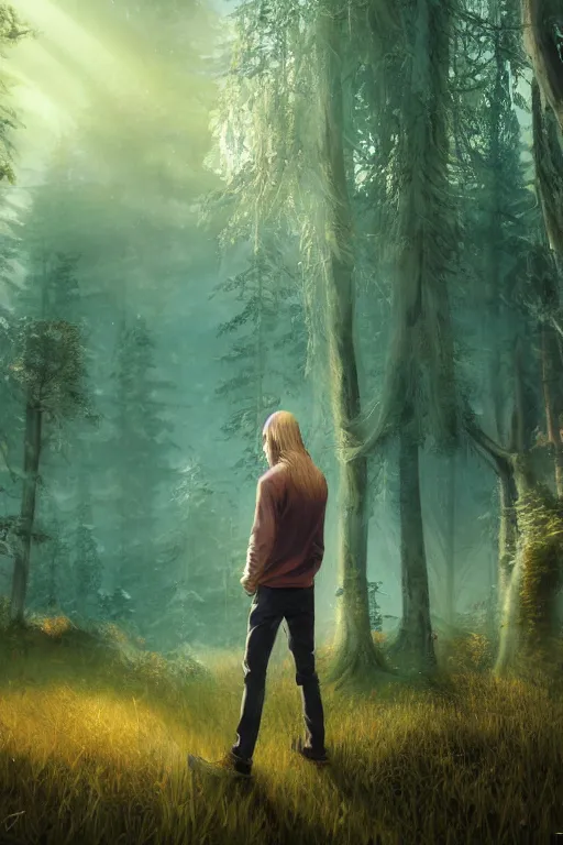 Image similar to pretty young man with long golden blond hair, hair made of gold, demure, slender, back view, lost, trees, detailed forest background, webtoon, breathtaking scenery, colourful, 8 k, graphic novel, digital art trending on artstation, volumetric lighting, octane render, cinematic, hyper detailed, magical atmosphere, magical forest