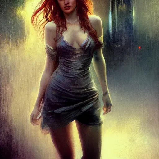 Image similar to bella thorne wearing nightgown, hyperrealistic full figure, bladerunner street alley, art of elysium by frank frazetta and by jeremy mann and by alphonse mucha, fantasy art, photo realistic, dynamic lighting, artstation, full figure poster, volumetric lighting, very detailed face, 4 k, award winning