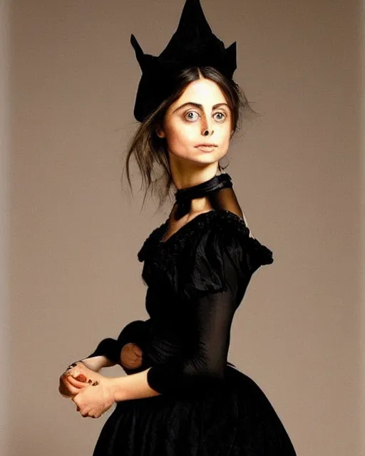 Prompt: style of louise elisabeth vigee le brun : : gorgeous willa holland : : evil witch, swirling black magic, black dress : : symmetrical face, symmetrical eyes : : full body pose : : gorgeous black hair : : magic lighting, low spacial lighting : :