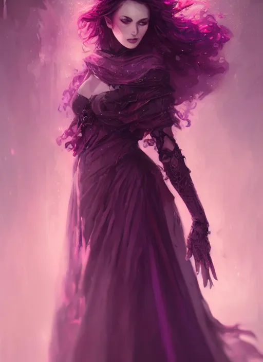 Prompt: alluring necromancer girl full body portrait, purple dress, cloak, pale skin, red wild hair, fantasy, intricate, elegant, highly detailed, digital painting, artstation, concept art, smooth, sharp focus, illustration, art by afshar petros, krenz cushart, artem demura