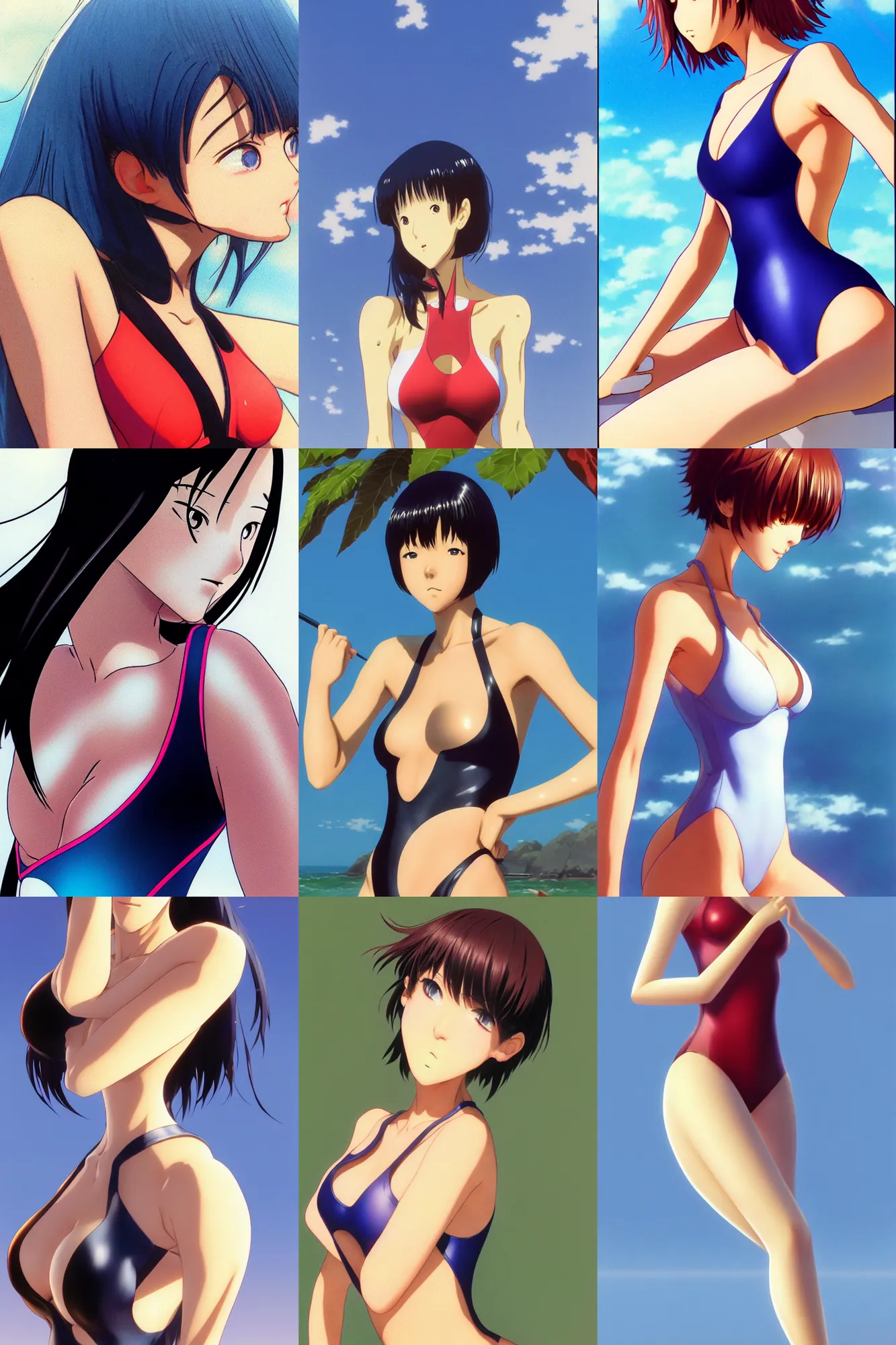 Image similar to close - up, accurately shaped face, volumetric light, posing in one - piece swimsuit. by takashi takeuchi, yoshiyuki sadamoto, amagaitaro, makoto shinkai, krenz cushart, asao urata, pixiv. 9 0 s