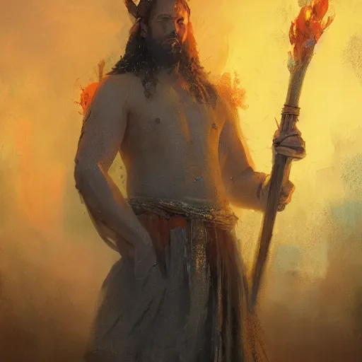 Prompt: High Priest of the Sacred Cult of Fire Spinners by Greg Rutkowski, bokeh