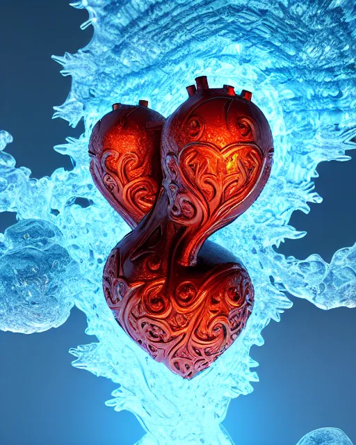 Image similar to 3 d render of beautiful ornate carved water heart, sigma 5 0 0 mm f / 5. beautiful intricate highly detailed heart, plasma, lava, ice, water, wind, creature, thunderstorm! artwork by tooth wu and wlop and beeple and greg rutkowski, 8 k trending on artstation