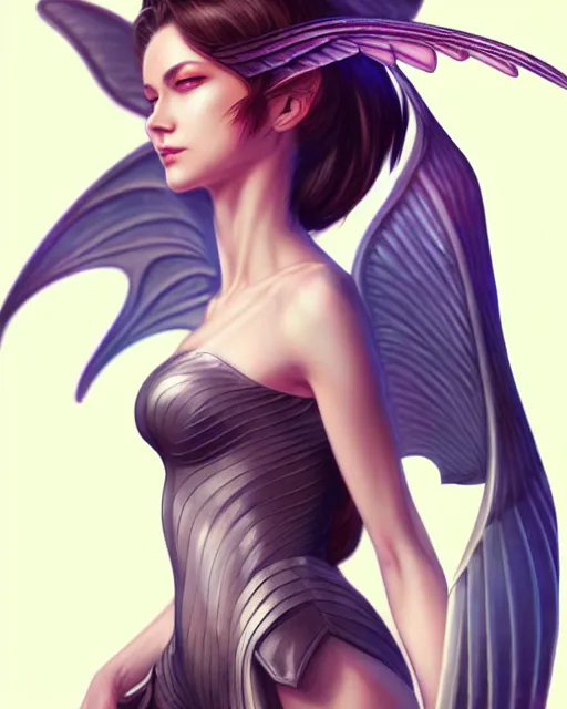 Image similar to 3 / 4 view of woman with wings, confident pose, pixie character, video game genshin impact, cell shaded anime intricate, elegant, sharp focus, illustration, highly detailed, concept art, matte, magali villeneuve, artgerm, anime, trending on artstation