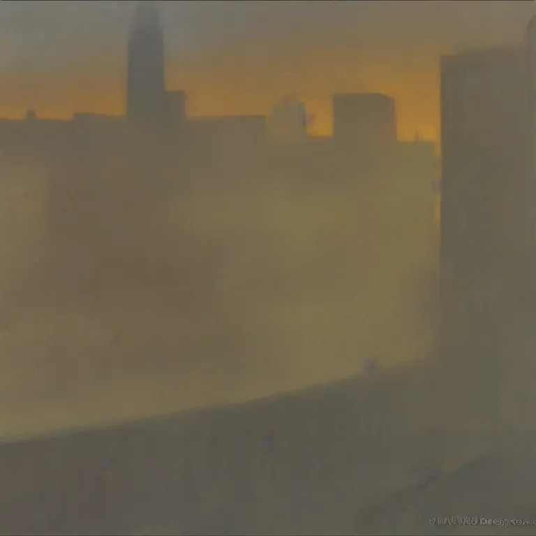 Image similar to city fog, early morning, painted by Edward Hopper, painted by Wayne Barlow, airbrush