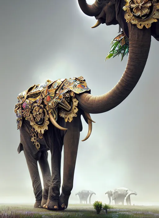 Image similar to symmetry!! portrait of a hybrid robot mamath elephant big tusk, floral! horizon zero dawn machine, intricate, elegant, highly detailed, ray tracing, digital painting, artstation, concept art, smooth, sharp focus, illustration, art by artgerm and greg rutkowski and alphonse mucha, 8 k