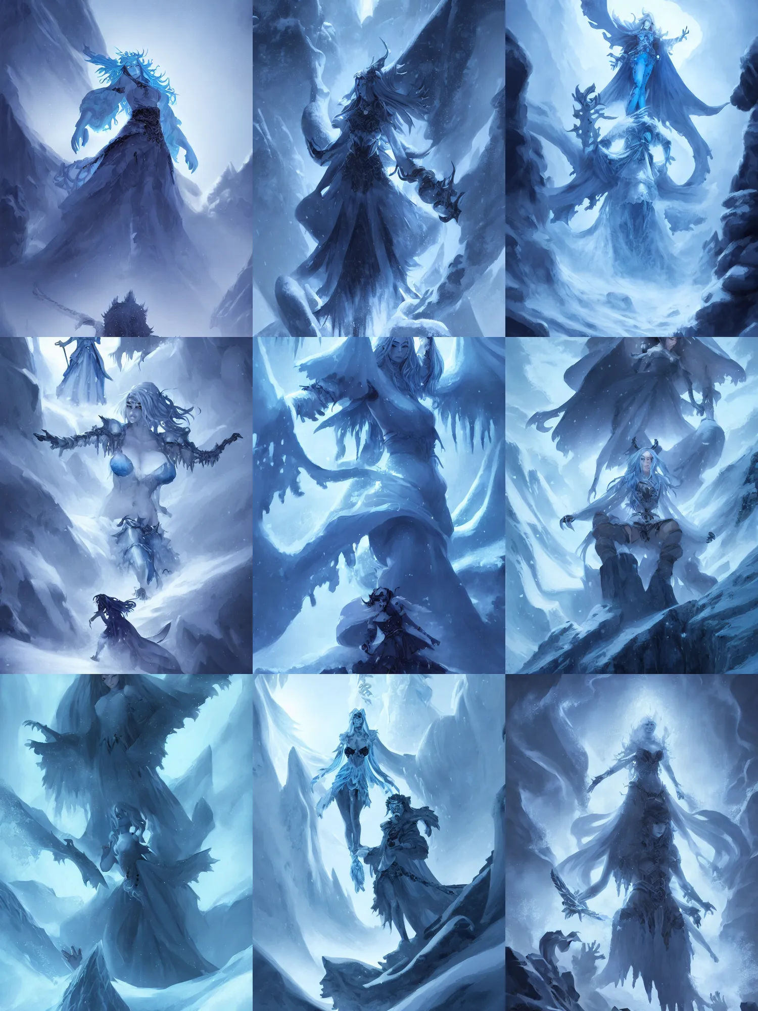 Prompt: a giant vengeful ice revenant lady looming over five adventurers, in the snow mountains, high fantasy, monochromatic blue, smooth, sharp focus, high fantasy, horror, dnd, chiaroscuro, digital painting, by rossdraws, artstationhd