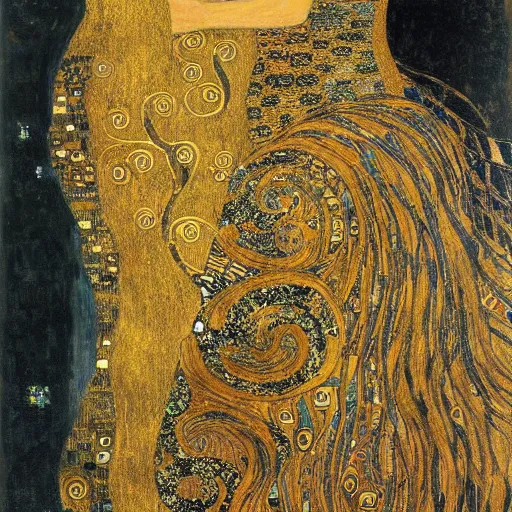 Prompt: A woman in side profile with long hair, and a flowing dress, by Gustav Klimt, gold leaf, ornate, highly detailed, intriquite gold background, sorrowful expression