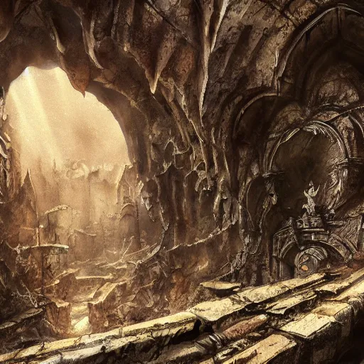 Image similar to abandoned ruined cave city, gothic art, color, detailed, eerie, emotional, sad, highly detailed, sharp focus, motherboard, Artstation, deviantart, artgem, insane detail, watercolor, golden ratio, in the style of Heavy Metal Comics