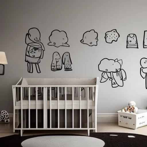 Image similar to modern interior home design for baby room, with cute drawings and colors. Photorealistic, ultra-detailed, high resolution, HDR shot