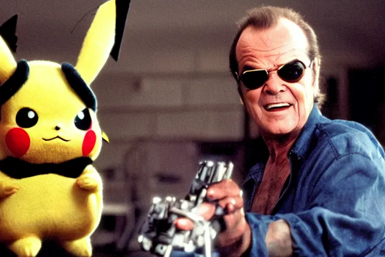 Image similar to Jack Nicholson plays Pikachu Terminator, his inner endoskeleton is exposed, still from the film