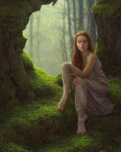 Prompt: a well - lit, realistic oil painting of a girl resembling a young, shy, redheaded irish alicia vikander or millie bobby brown in moss - covered ancient stone ruins at sunset, highly detailed, intricate, concept art, artstation, by donato giancola, ron cobb, and artgerm