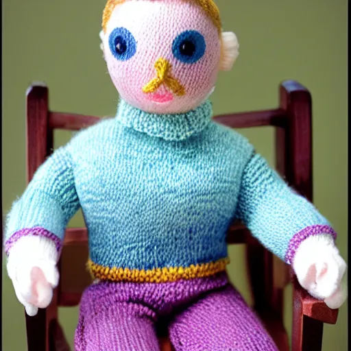 Image similar to Knitted yarn doll Ryan Gosling sits on a rocking chair, realism, proportions,