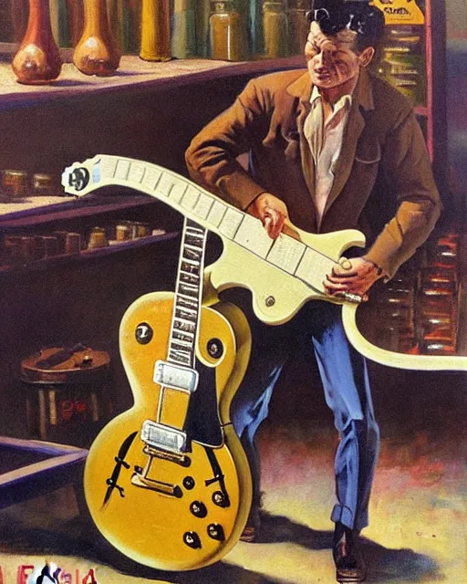 Image similar to Snake Oil salesman shredding on a Gibson Les Paul in a snake oil warehouse, painting by Frank Frazetta