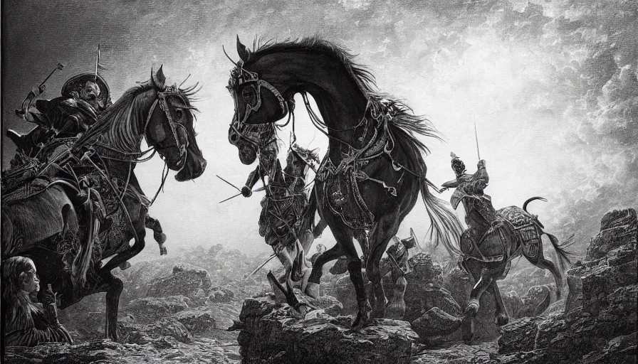 Image similar to big opened book, open book page, opened book, page, don quixote leave the book by horse, cinematic romantic magical masterpiece, by gene wolfe, highly detailed painting by gustave dore