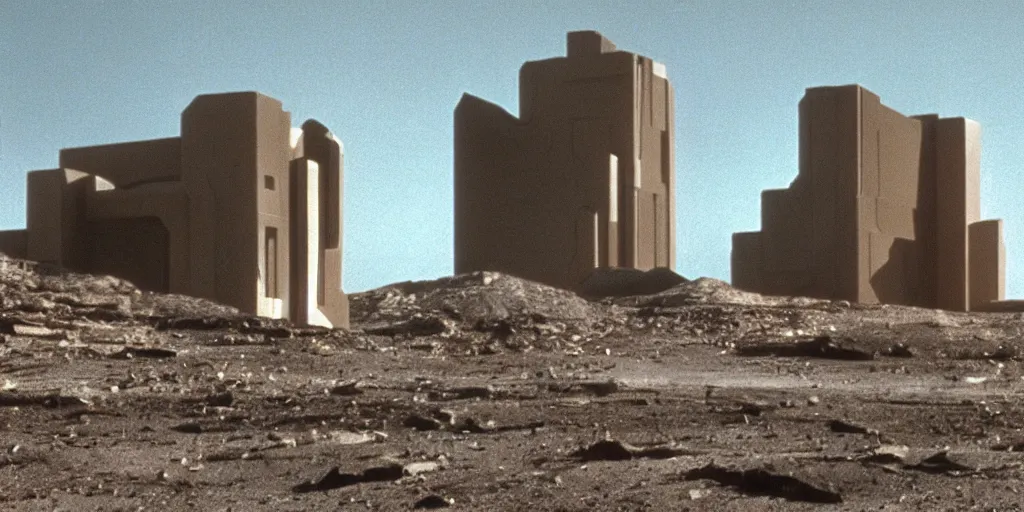 Prompt: sci - fi luxury building block, building near a mining cave on a desolate mining planet, dark and beige atmosphere, 1 9 8 0 s science fiction film screenshot, film still, dark science fiction, ridley scott