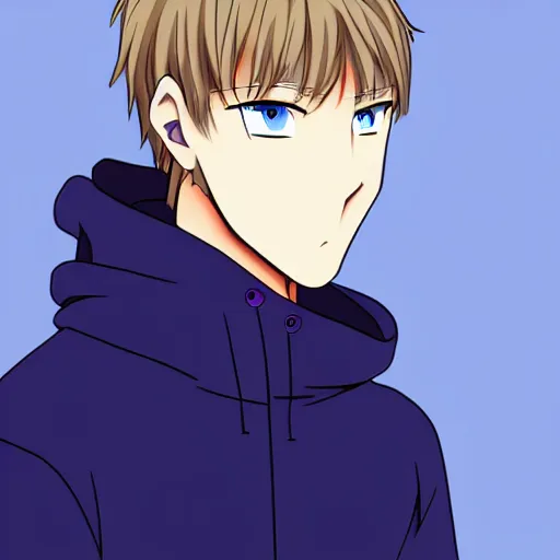 Prompt: dark blonde anime guy with blue eyes wearing a hoodie, profile picture, smooth lines, digital art, japan